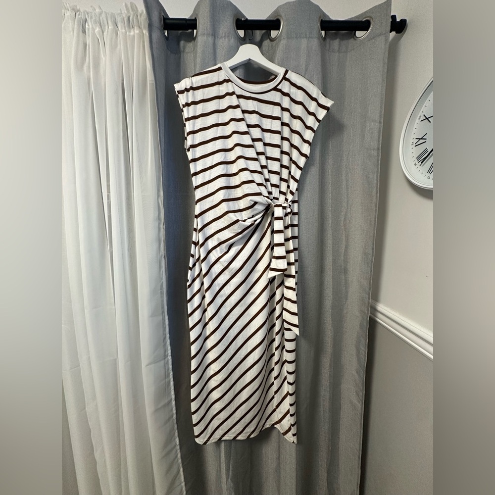 Striped White and Brown Knot-Front Midi Dress